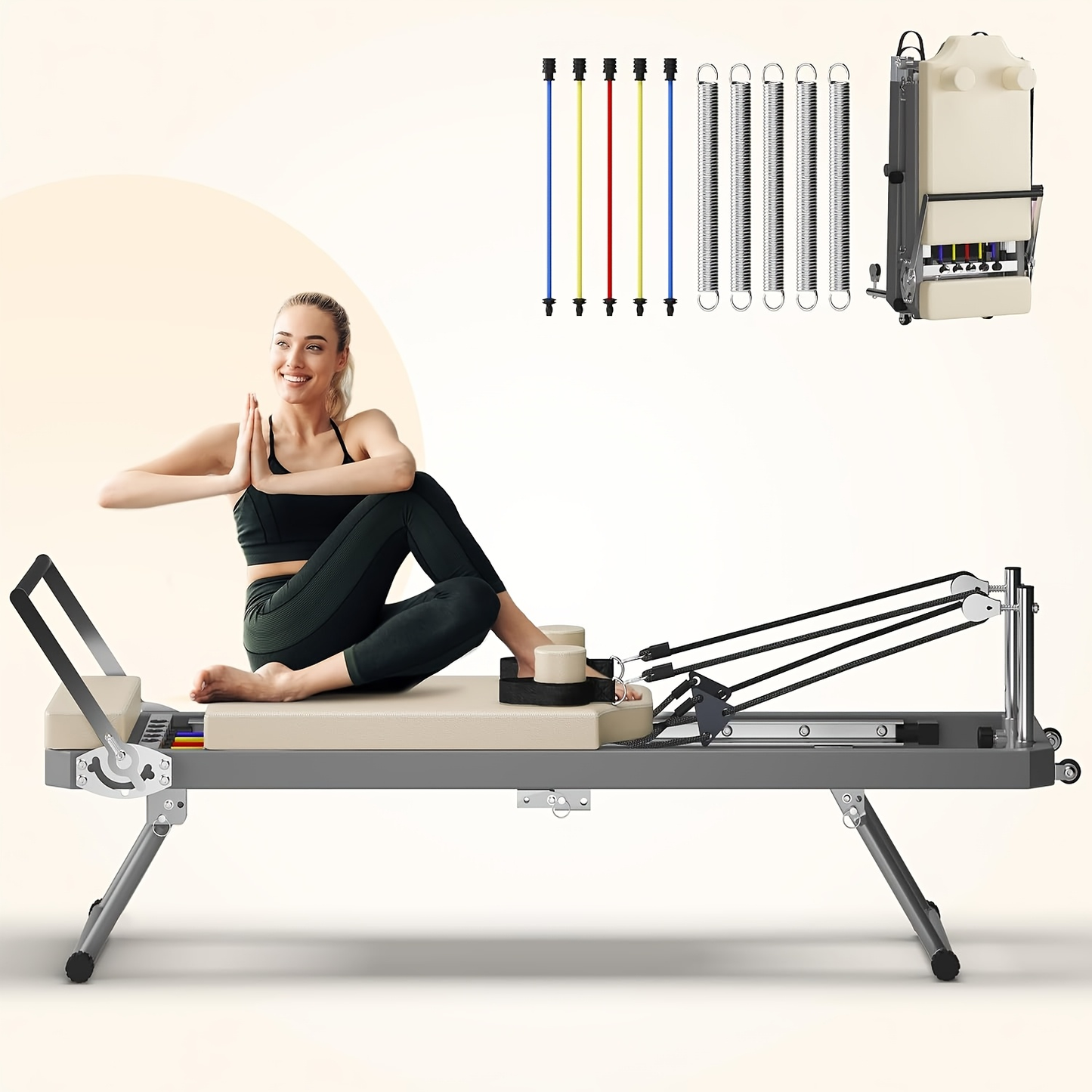 Pilates Reformer Machine for Home Gym – Foldable Pilates Equipment with Adjustable Resistance Springs, 11-Level Intensity, Smooth Sliding Rails, 330 lbs Capacity for Beginners & Advanced
