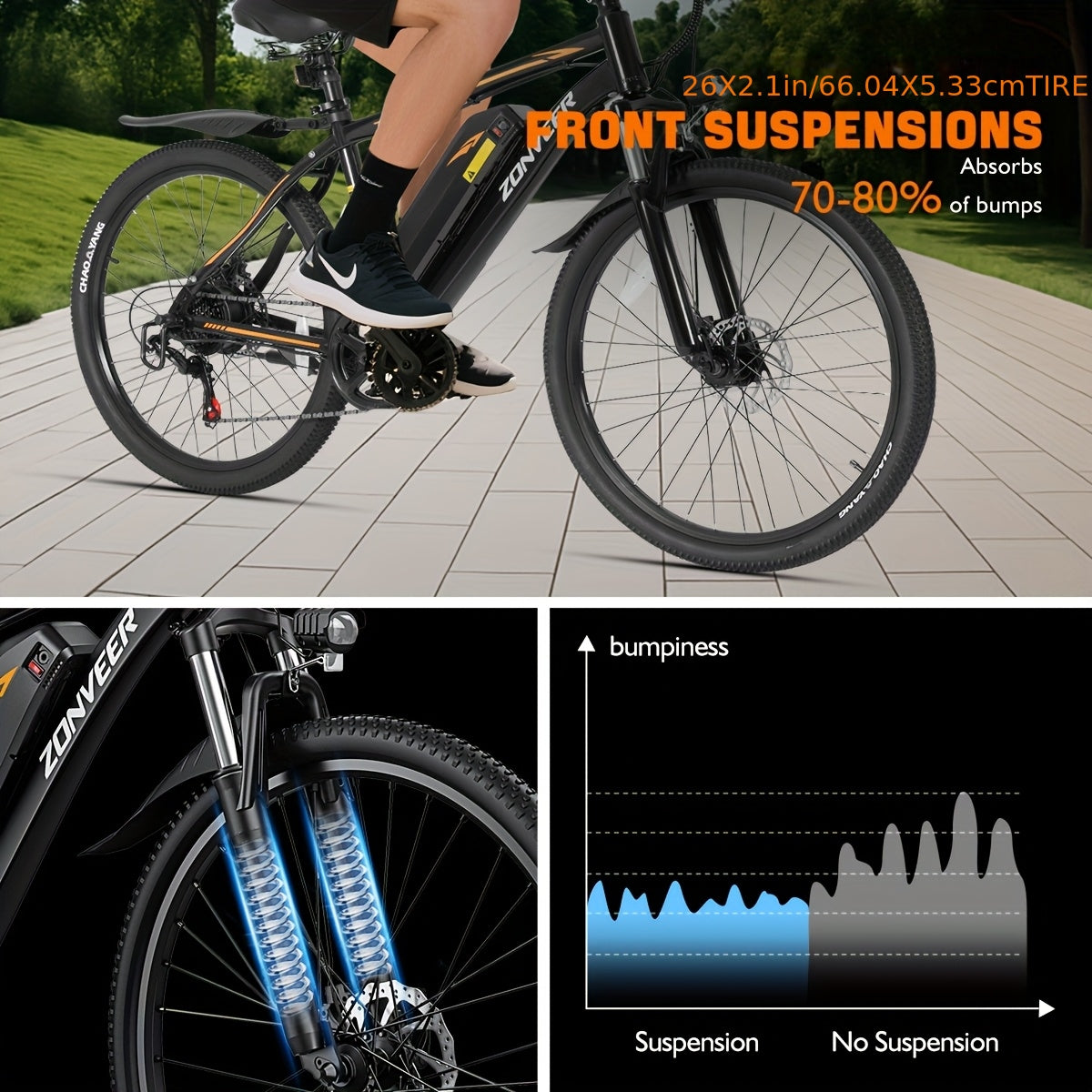 Electric Bike for Adults 26 Inch All-Terrain E-Bike 500W Motor 20MPH 40-Mile Range 360Wh Removable Battery 7-Speed Shimano Hydraulic Disc Brakes Front Suspension