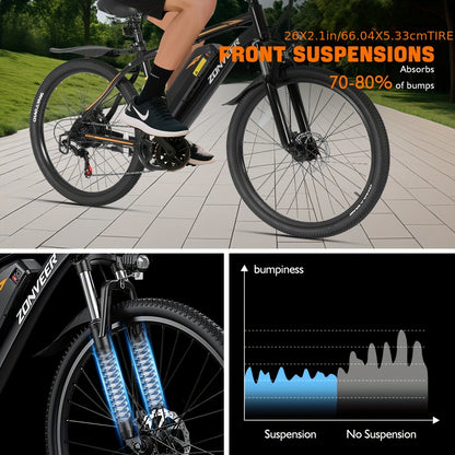 Electric Bike for Adults 26 Inch All-Terrain E-Bike 500W Motor 20MPH 40-Mile Range 360Wh Removable Battery 7-Speed Shimano Hydraulic Disc Brakes Front Suspension