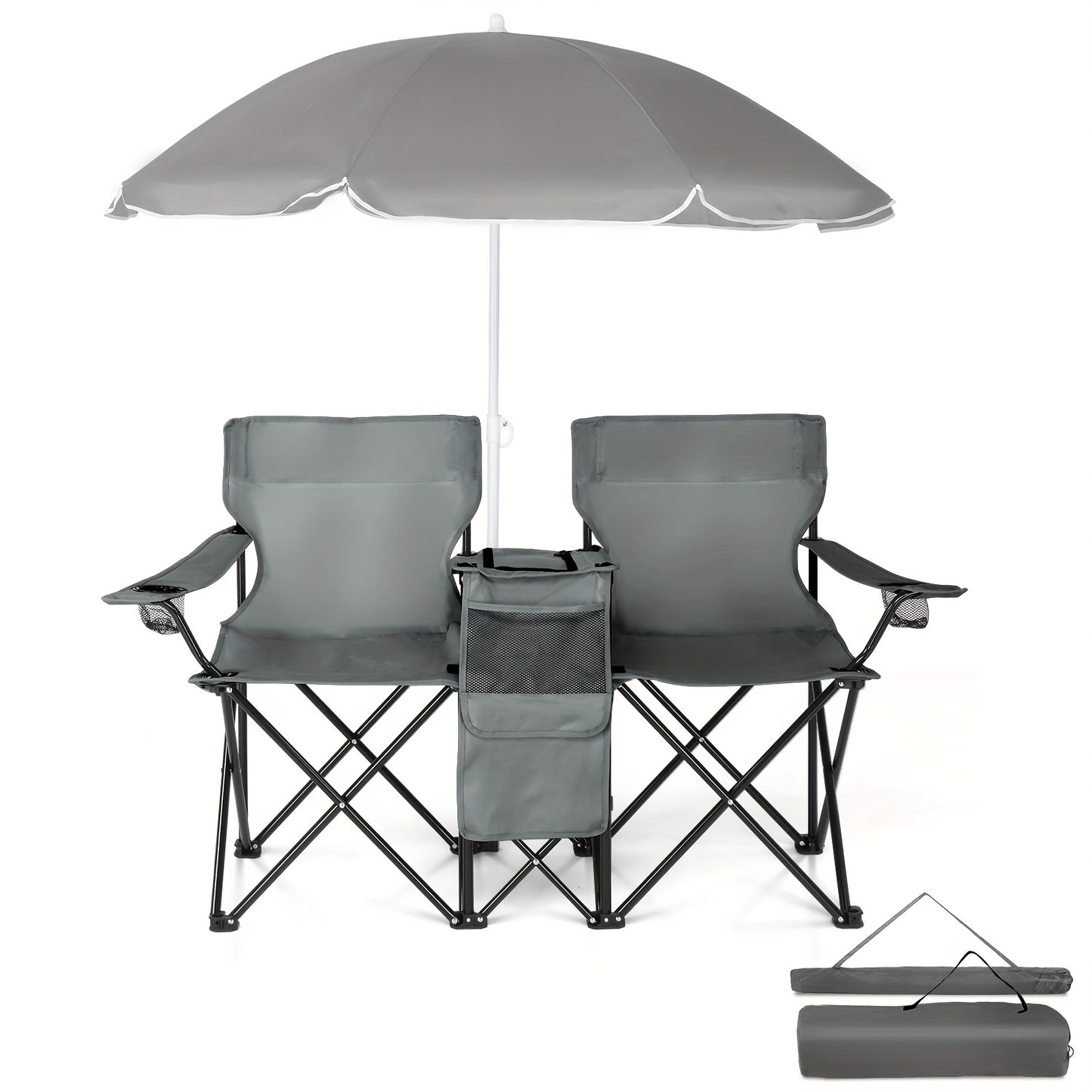 Portable Folding Chair with Removable Sun Umbrella - 2-Seat Outdoor Foldable Chair, Steel Frame Oxford Fabric, Lightweight Sun Shade Seat for Fishing Beach Camping Sunbathing Outdoor Activities