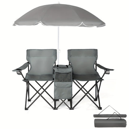 Portable Folding Chair with Removable Sun Umbrella - 2-Seat Outdoor Foldable Chair, Steel Frame Oxford Fabric, Lightweight Sun Shade Seat for Fishing Beach Camping Sunbathing Outdoor Activities