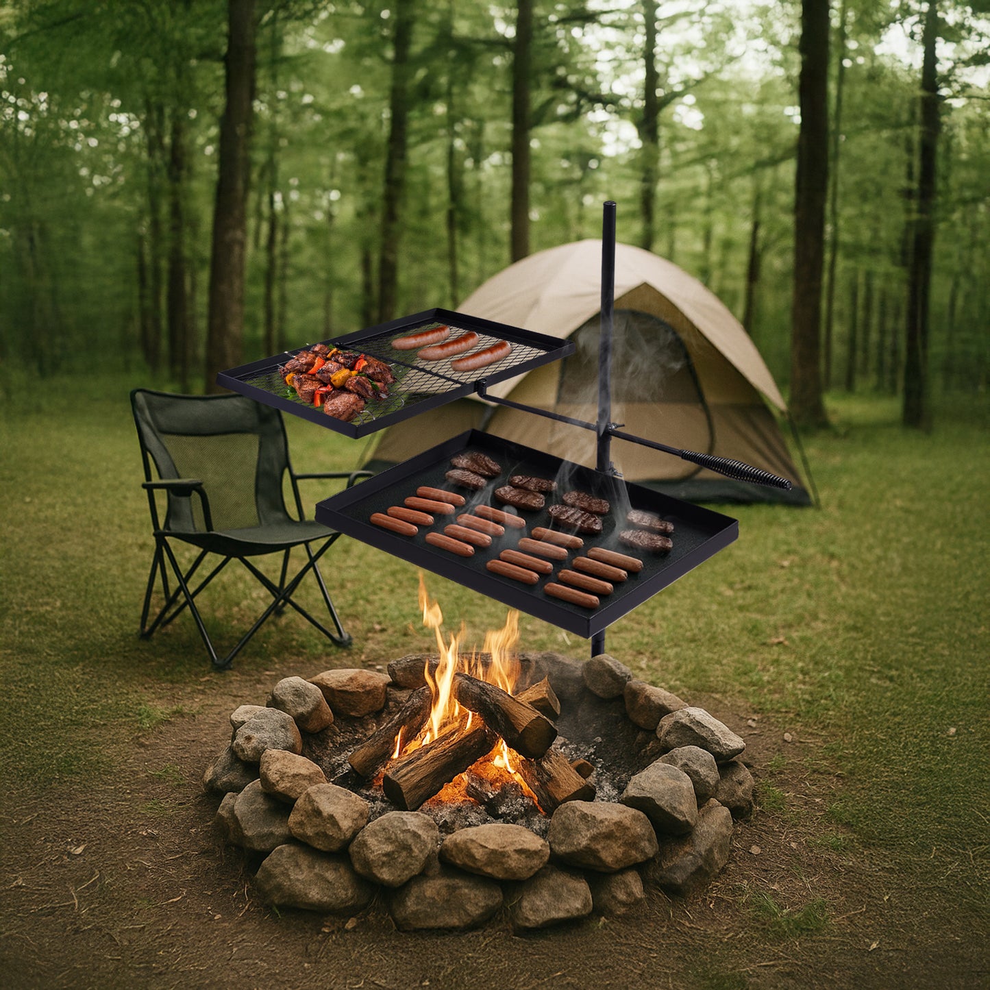 Portable Camping Grill Set – Heavy Duty Skillet Combo with Adjustable Grill Grate, Grill Pan & Carrying Bag – Steel & Iron Construction, 3 Size Options, Black Outdoor Cooking Kit