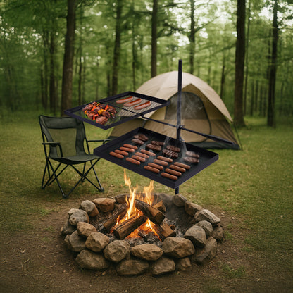 Portable Camping Grill Set – Heavy Duty Skillet Combo with Adjustable Grill Grate, Grill Pan & Carrying Bag – Steel & Iron Construction, 3 Size Options, Black Outdoor Cooking Kit