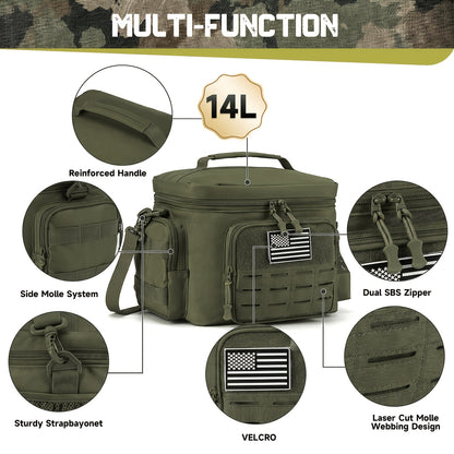 Tactical Insulated Cooler Lunch Box with MOLLE Webbing – Expandable & Leakproof, 3.7 Gal or 18L, for Hunting, Camping, Work & Outdoor Picnics – Black, Green or Khaki