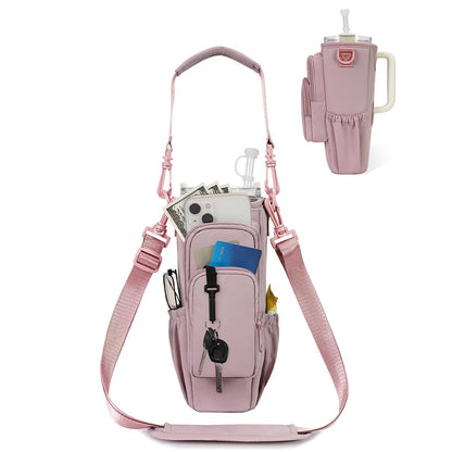 40oz Insulated Water Bottle Carrier Sling Bag with Straw Lid – Hands-Free Dog Walking Bag with Phone Pocket, Zippered Compartments & Adjustable Strap for Gym, Travel & Outdoor Activities, Hot/Cold Beverage Holder for Men & Women
