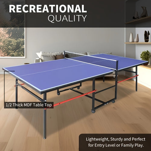 Foldable Ping Pong Table 8ft with Net, 2 Paddles & 2 Balls – Regulation Size Table Tennis Table, Fold-Up Design with 4 Wheels for Easy Storage, Indoor Outdoor Use, Blue