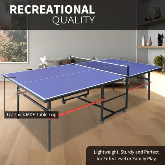 Foldable Ping Pong Table 8ft with Net, 2 Paddles & 2 Balls – Regulation Size Table Tennis Table, Fold-Up Design with 4 Wheels for Easy Storage, Indoor Outdoor Use, Blue