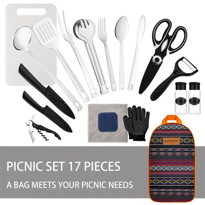 Camping Cooking Utensils Set – Bohemia Style Outdoor Cookware Kit for Camp Kitchen, RV, Picnic, BBQ & Portable Stove | Camping Essentials Gear Accessories