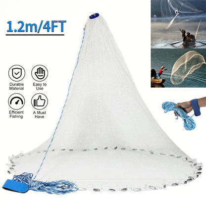 Fishing Cast Net 8FT 10FT with Real Zinc Sinker Weights, Nylon Monofilament Mesh 1.3cm, Heavy Duty Saltwater Bait Trap Net Easy Throw for American Fishing 240/300 Steel Drop