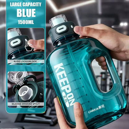 Large Sports Water Bottle with Straw Lid Handle 1500ml 2200ml Leak-Proof Lockable Food-Grade PP PC Hydration Bottle for Gym Fitness Hiking Camping Travel School