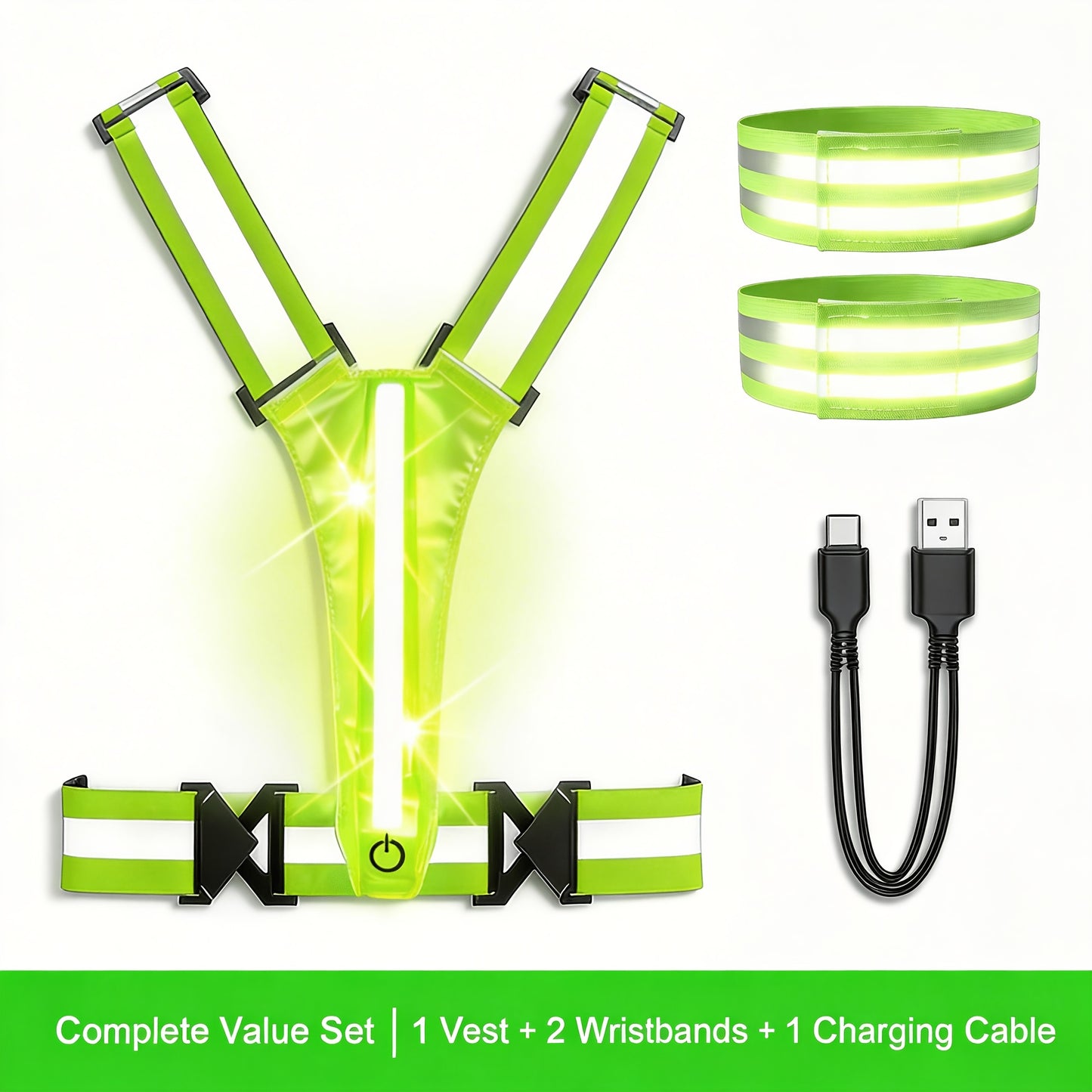 LED Reflective Running Vest – 360° USB Rechargeable Set