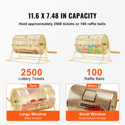Raffle Drum Spinning Cage 12 Inch – Brass Plated Metal Lottery Ticket Drum with Wooden Handle, Holds 2500 Tickets or 100 Ping Pong Balls, for Bingo Ballot Party Events Fundraisers Trade Shows