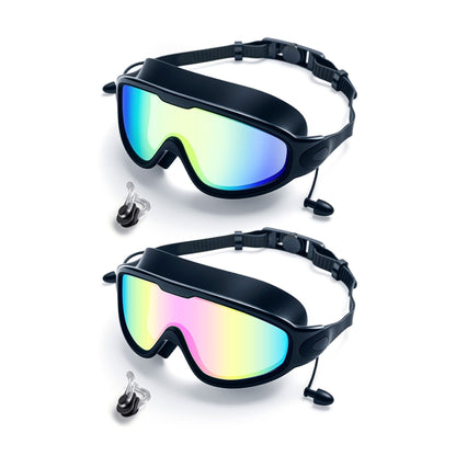HD Swim Goggles 2 Pack – Anti-Fog Clear Vision, Adjustable Strap, Soft Seal Comfortable Fit for Adults, Pool Training Beach Water Sports, Earplugs Nose Clip Case Included