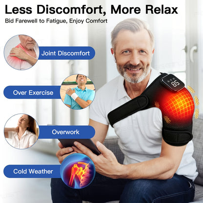 Cordless Heated Shoulder Massager with Vibration – 3 Heat Levels & 3 Vibration Intensities Electric Heating Pad for Shoulder, Elbow & Knee Pain Relief, LED Touch Screen, USB & Battery Powered