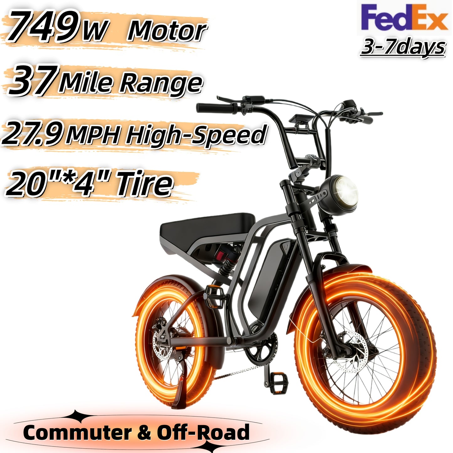 Fat Tire Electric Bike 749W Peak Motor 48V 15AH Removable Battery, 37-Mile Range 27.9MPH, 20x4 All-Terrain Tires, 7-Speed Shimano, Front Suspension, Hydraulic Disc Brakes, Carbon Rims - Commuter & Off-Road Ebike