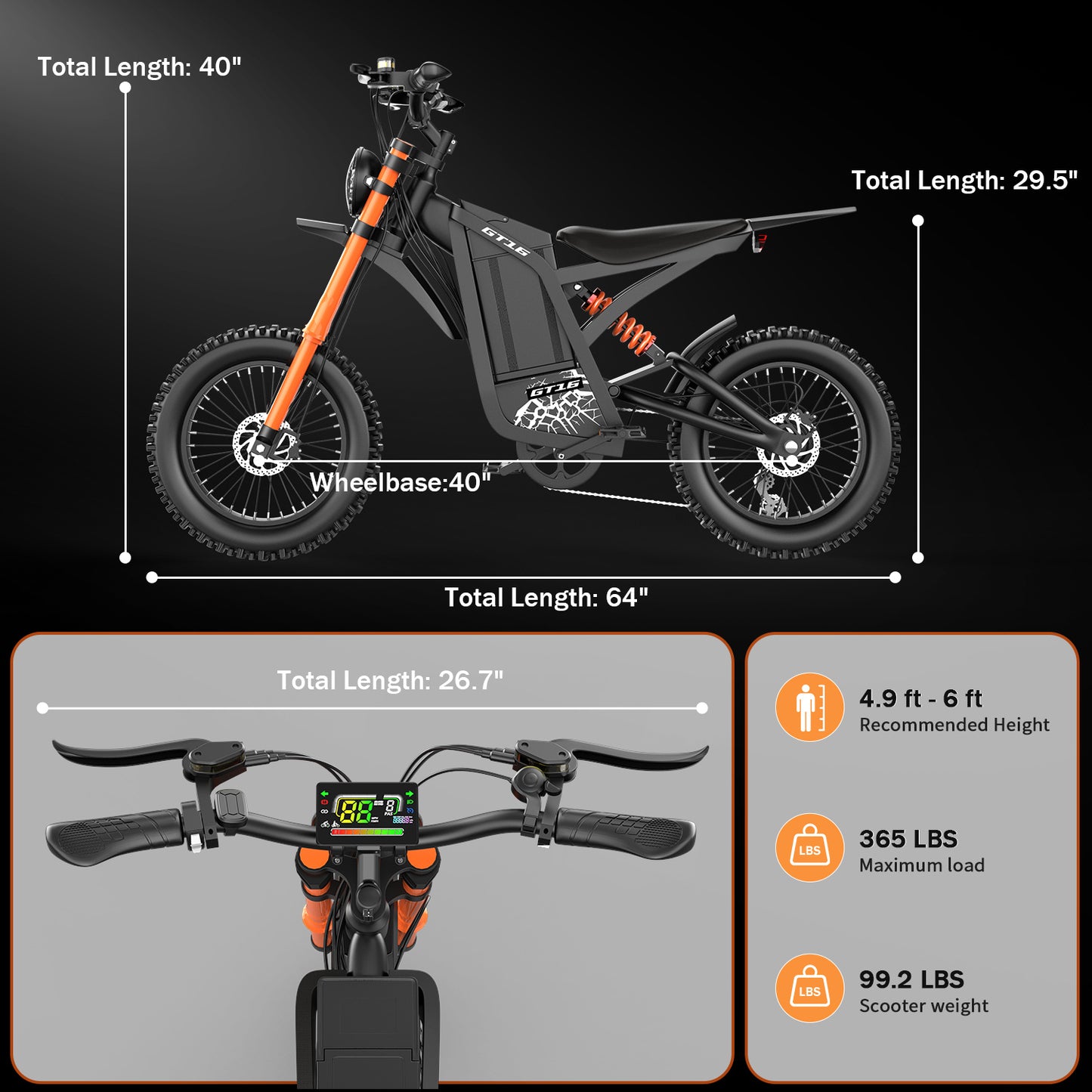 Electric Mountain Dirt Bike GT16 – 749W 48V 25AH, 27.9MPH Off-Road
