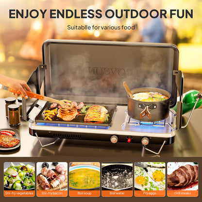 Camping Stove with Oven 2-in-1 – Portable Propane Double Burner 16,000 BTU & Outdoor Oven Combo with Auto-Ignition & Thermometer | Camping, Backyard & Picnic Cooking
