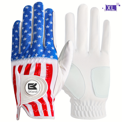 Men's Golf Glove Left Hand with Ball Marker - Breathable All Weather Grip, Hook & Loop Closure, Sizes S M ML L XL, USA Flag, Blue & White, Stylish Polyester Golf Gloves for Men Golfers, Confident Swing Every Round