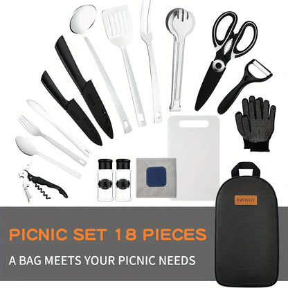 Portable Camp Kitchen Cooking Utensil Set with Water-Resistant Travel Organizer Case – Compact Grill Accessories Kit for Backpacking, BBQ, Camping & Hiking | Black