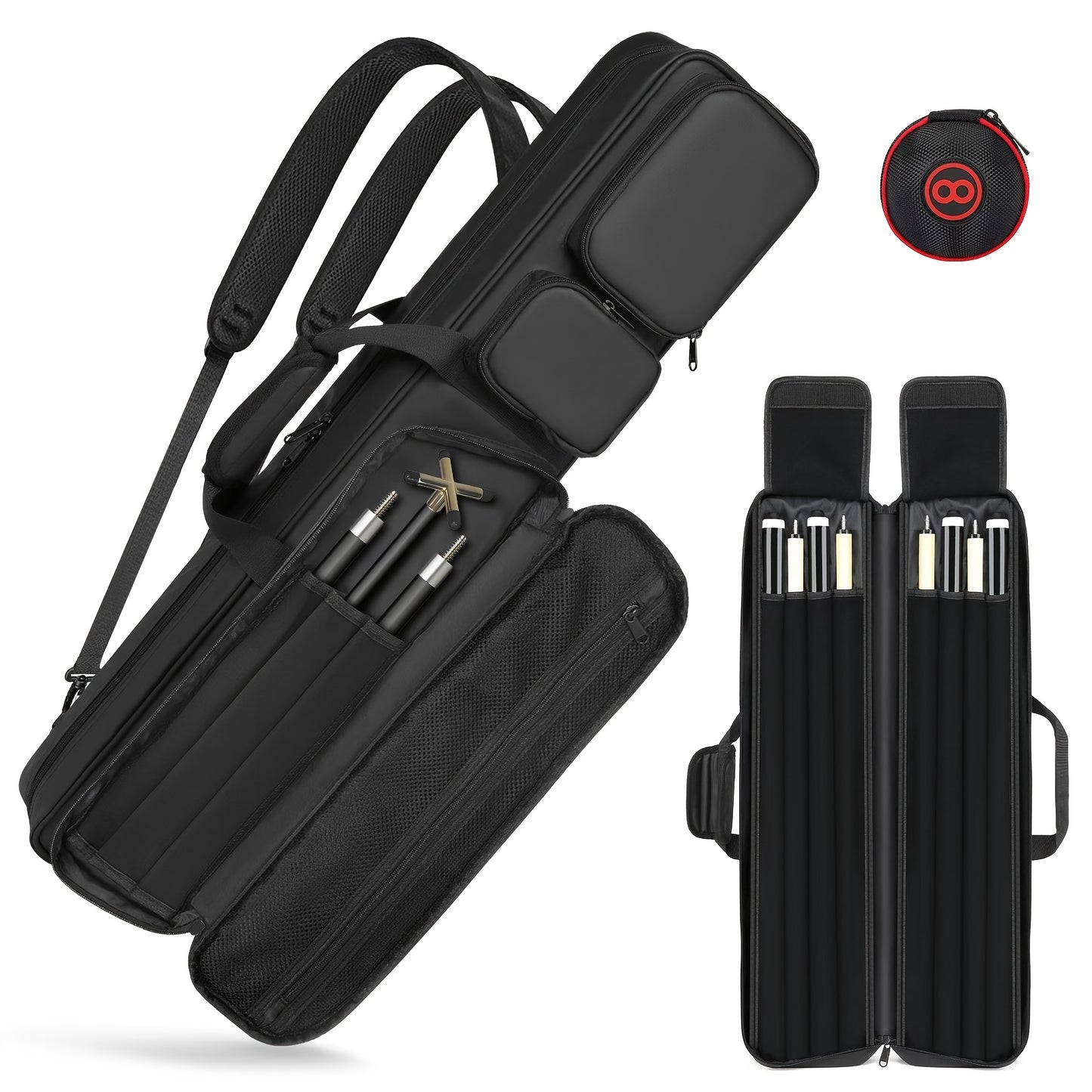 Pool Cue Case 4x4 – Billiard Cue Bag Holds 4 Butts & 4 Shafts, Hidden Backpack Strap, Large Front Accessory Pockets – Durable Pool Stick Carrying Case for Home, Club & Tournament