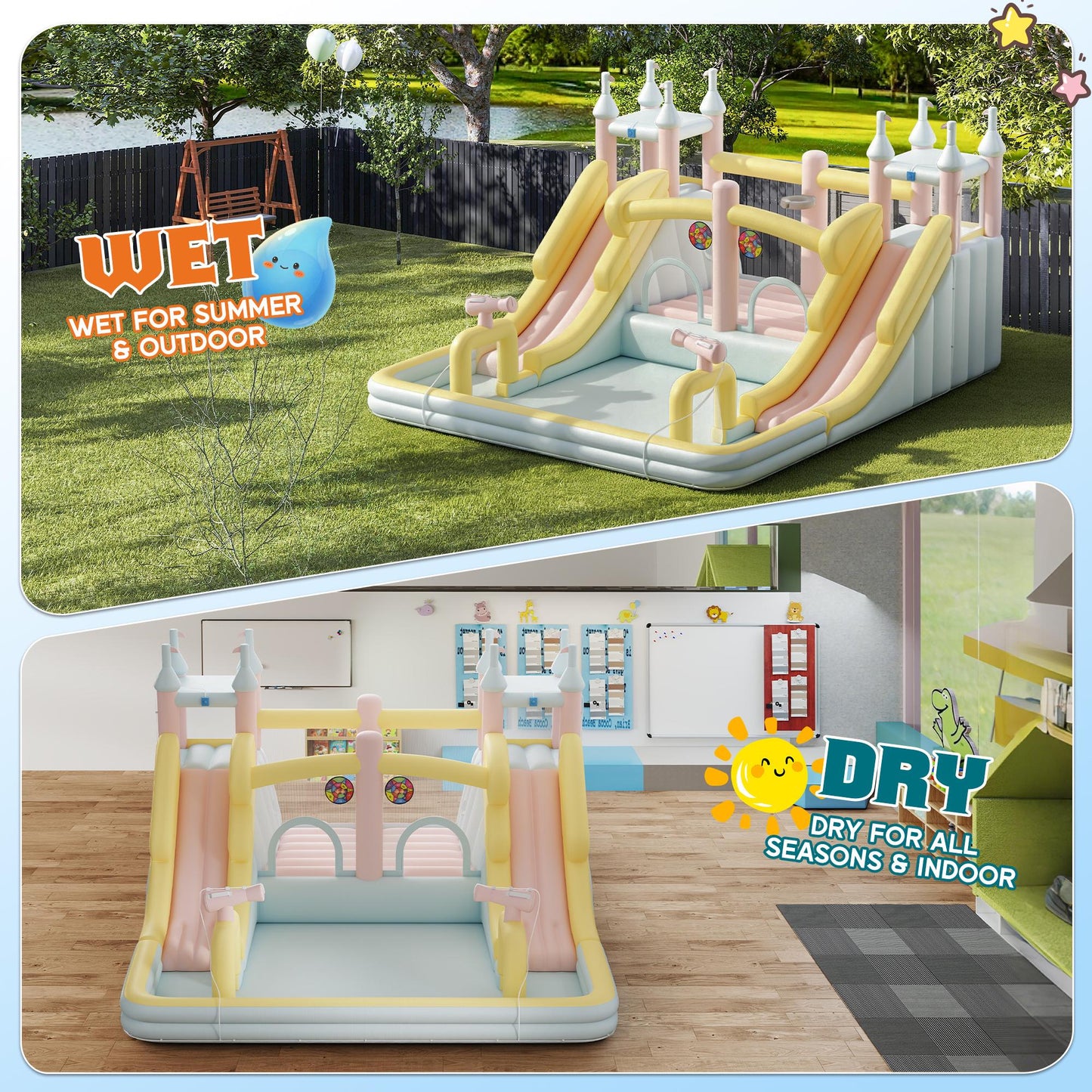 Inflatable Bounce House with Slide, Climbing Wall, Water Pool & Basketball Hoop – Large Outdoor Backyard Bouncer for Kids & Teens | 4 Sizes 10×7.8FT to 15×14.4FT | Wet or Dry Use | Macaron Colors