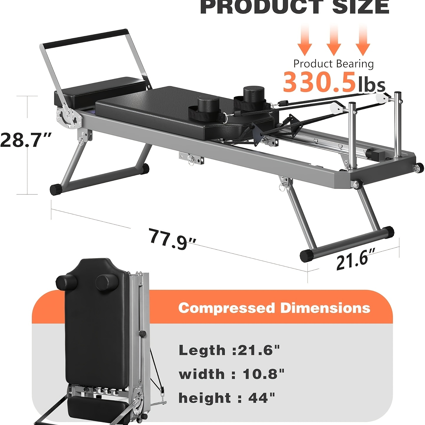 Pilates Reformer Machine for Home Gym – Foldable Pilates Equipment with Adjustable Resistance Springs, 11-Level Intensity, Smooth Sliding Rails, 330 lbs Capacity for Beginners & Advanced