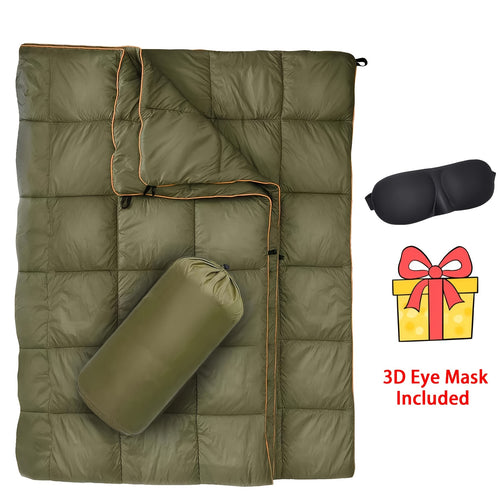 Puffy Camping Blanket Foldable Lightweight Water Resistant with 3D Eye Mask - DWR Coated Outdoor Blanket for Camping, Hiking, Travel, Beach, Stadium & Car, Warm Packable Throw in 4 Colors, 55" x 78"