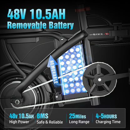650W Electric Bicycle Folding 48V 10.5Ah Removable Battery, 14" Commuter E-Bike for Men & Women