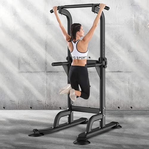 Power Tower Dip Station Pull Up Bar for Home Gym – 330lb Capacity, 10 Height Levels 65"-83", 6 Exercise Positions, H-Base with Suction Cups – Full Body Strength Training Equipment