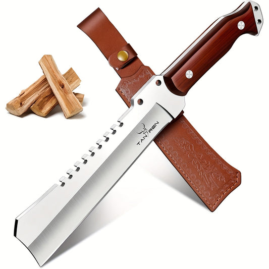 Survival Machete Fixed Blade Knife 7.2" – 4Cr13 High Carbon Steel, Full Tang, Ergonomic Wooden Handle, Leather Sheath for Camping, Bushcraft & Outdoor Survival