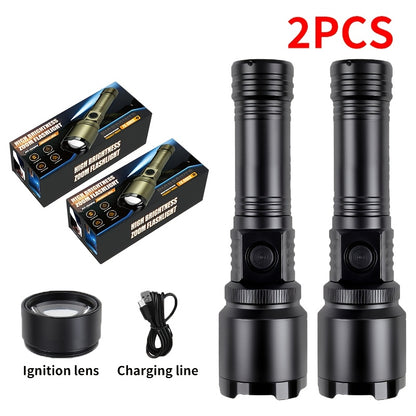1000 Lumen LED Flashlight with Fire Starter - Aluminum Alloy Torch, Zoom Focus Ignition, Long Battery Life for Survival, Camping, Fishing & Power Outages, 1/2pcs