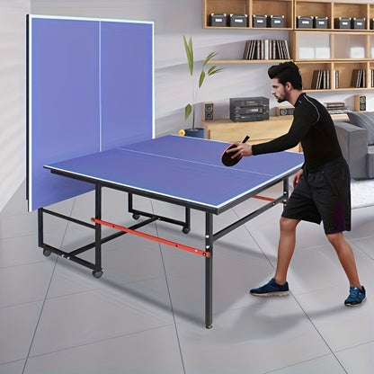 Foldable Ping Pong Table 8ft with Net, 2 Paddles & 2 Balls – Regulation Size Table Tennis Table, Fold-Up Design with 4 Wheels for Easy Storage, Indoor Outdoor Use, Blue