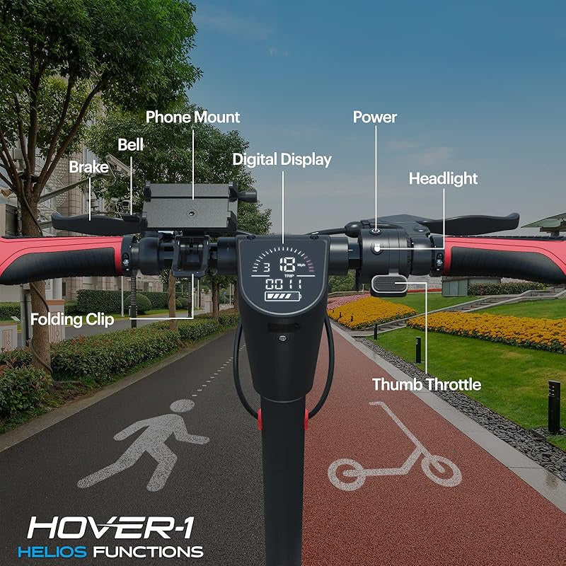 Hover-1 Helios 500W Electric Folding Scooter – 18 MPH Top Speed, 24-Mile Range, 10" Pneumatic Tires, Dual Front Suspension, Rear Disc Brakes, Removable Battery & Full LCD Display for Adults
