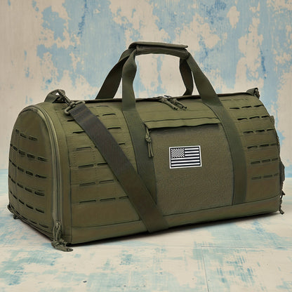 Tactical Duffle Bag 40L for Men Heavy Duty Gym Bag with Shoe Compartment Laptop Pocket Waterproof Sport Travel Bag Weekender Overnight Bag for Gym Fitness Basketball Football Office Commute Khaki Black Green