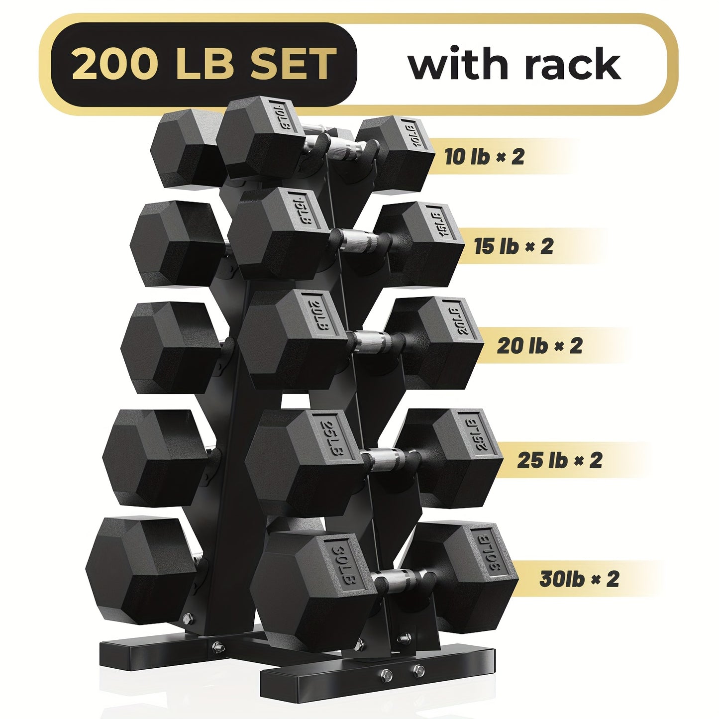 Rubber Coated Hex Dumbbell Set with Rack 100-200lb Heavy Duty Free Weights for Strength Training Exercise Fitness Home Gym 100LB 150LB 170LB 200LB