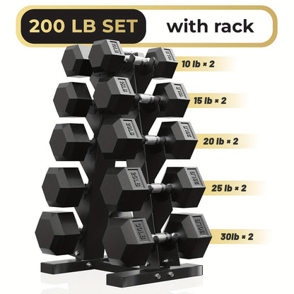 Rubber Coated Hex Dumbbell Set with Rack 100-200lb Heavy Duty Free Weights for Strength Training Exercise Fitness Home Gym 100LB 150LB 170LB 200LB
