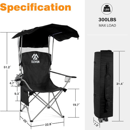 Folding Camping Chair with Sunshade Canopy, Heavy Duty Portable Outdoor Chair with Armrests Cup Holder & Carry Bag for Beach Fishing Picnic Sports