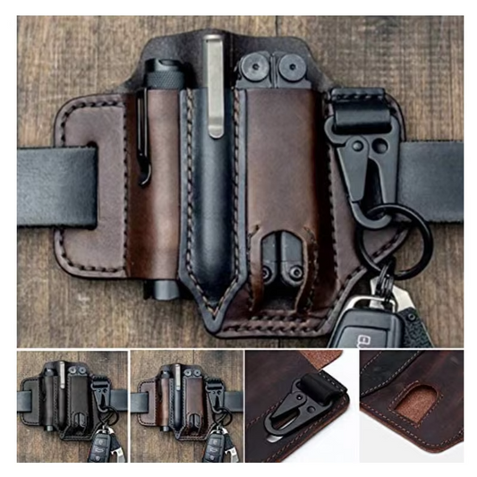 Genuine Leather EDC Belt Sheath – Multitool, Knife & Flashlight Pouch
