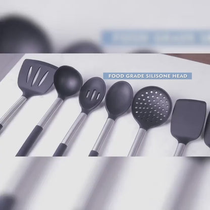 Silicone Kitchen Utensils Set 25pcs Nonstick Cooking Utensils with Stainless Steel Handle Food-Grade Silicone Spatulas Spoons Tongs Complete Kitchen Tool Set for Indoor Outdoor Cooking Grey Black Coffee
