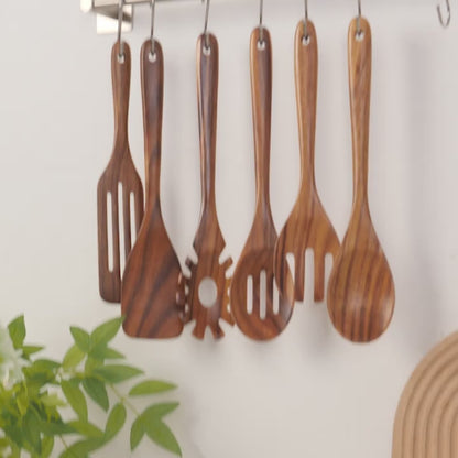 Wooden Cooking Utensils Set 6 Piece – Teak Wood Non-Stick Kitchen Tools with Comfortable Grip | Sturdy, Lightweight & Heat-Resistant Utensils for Indoor & Outdoor Cooking