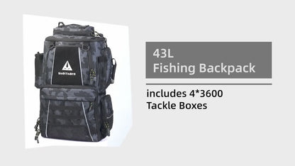 Large Fishing Tackle Bag with 4 Tackle Boxes – 43L Backpack with Rod Holder, Detachable Waist Pack & Gear Storage for Men Women | Black, Khaki & Camo