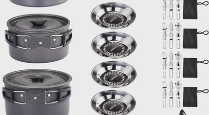 Backpacking Cookware Mess Kit 19/27pcs – Non-Stick Pot Pan Kettle with Stainless Steel Cutlery, Lightweight Camping Cook Set for Open Fire, Hiking & Outdoor Cooking