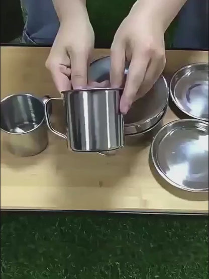 Camping Tableware Set 8 Piece Stainless Steel – Portable Outdoor Dining Set with Foldable Handle Plates, Cups & Utensils | Lightweight Camping Cookware for 2-3 People, Picnic, BBQ & Hiking