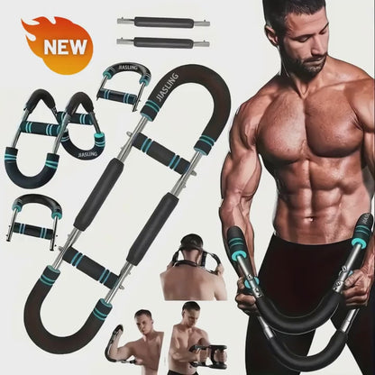 Arm Strength Trainer U-Shaped Spring Resistance Bar – Portable Home Gym Chest Expander & Forearm Strengthener with 2-Level Adjustable Resistance Bands, Detachable Design & Comfortable Grip | 3 Colors