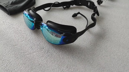 Swim Goggles Set 6pcs – Iridescent Coated PC Lens, UV Protection, Waterproof PU Swim Cap, Nose Clip, Earplugs, Case & Storage Bag for Adult Racing Swimming