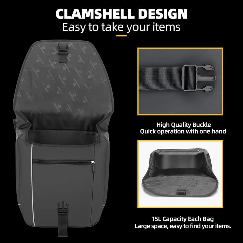 Dual-side bicycle panniers with 30L combined capacity