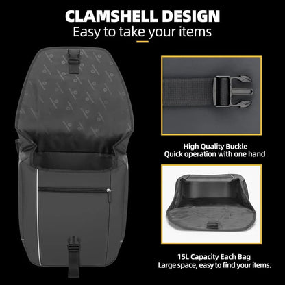 Dual-side bicycle panniers with 30L combined capacity
