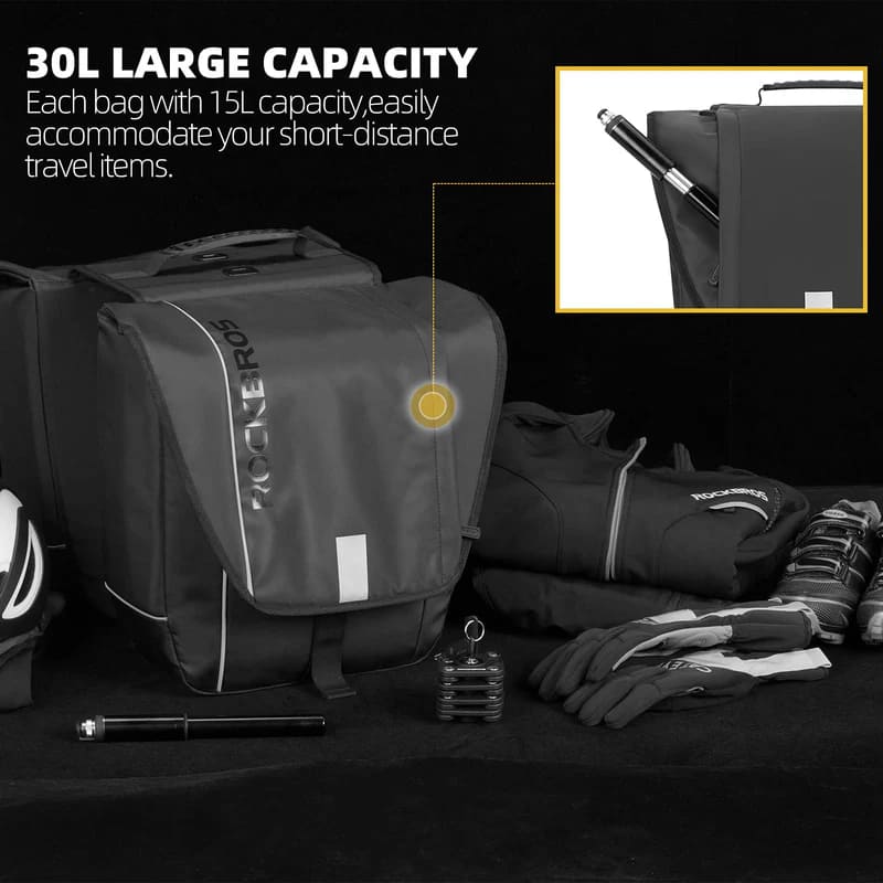 Dual-side bicycle panniers with 30L combined capacity