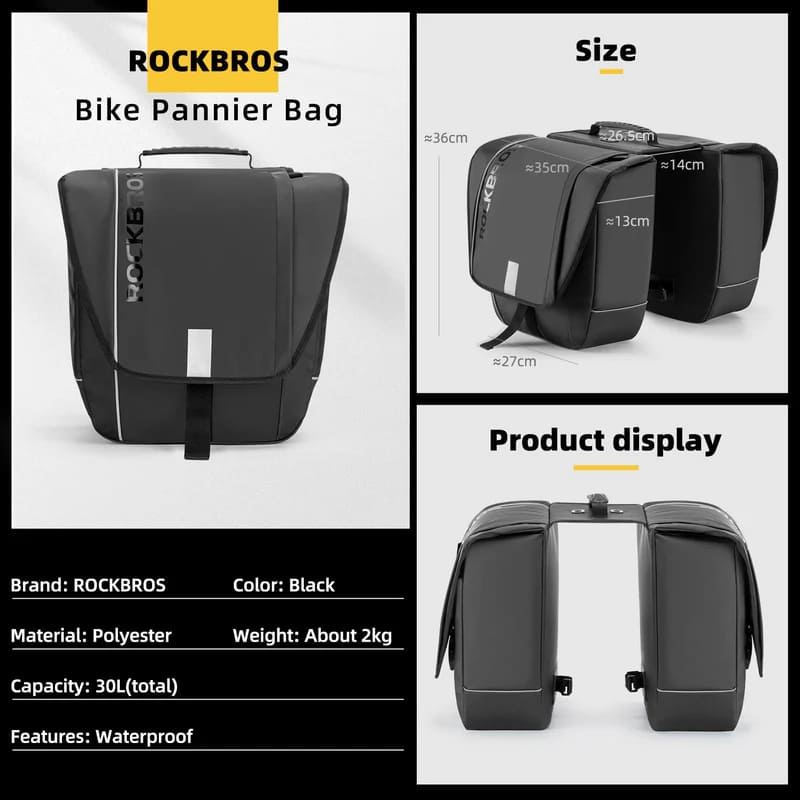 Dual-side bicycle panniers with 30L combined capacity