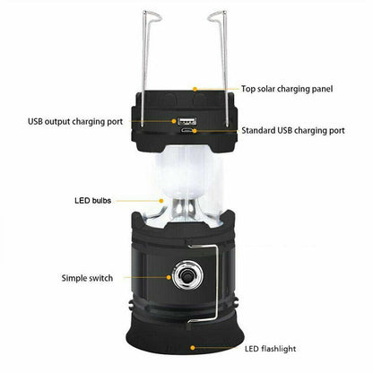 Rechargeable LED Camping Lantern – Solar USB, 3 Modes, 500LM